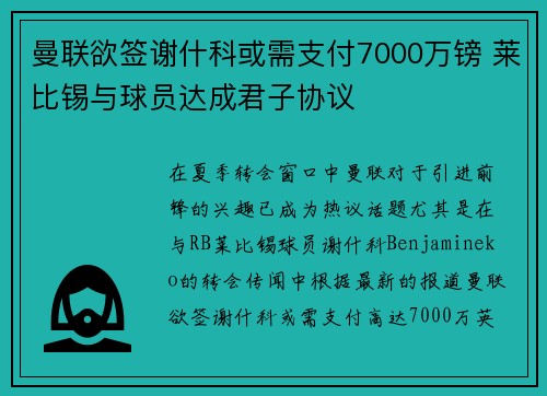 曼联欲签谢什科或需支付7000万镑 莱比锡与球员达成君子协议
