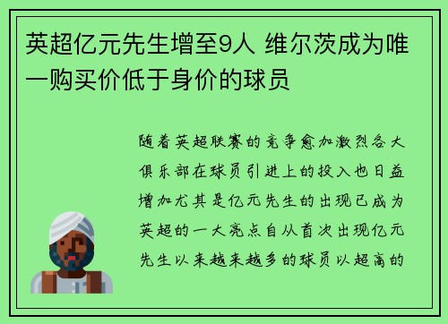 英超亿元先生增至9人 维尔茨成为唯一购买价低于身价的球员