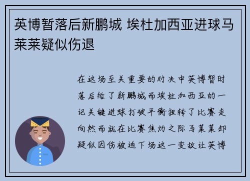 英博暂落后新鹏城 埃杜加西亚进球马莱莱疑似伤退